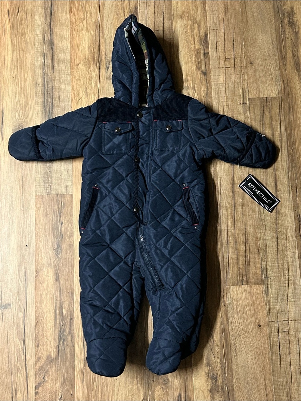 Rothschild Snowsuit One Piece Hooded Coat Red Plaid Lined Quilted Navy 12 Mo